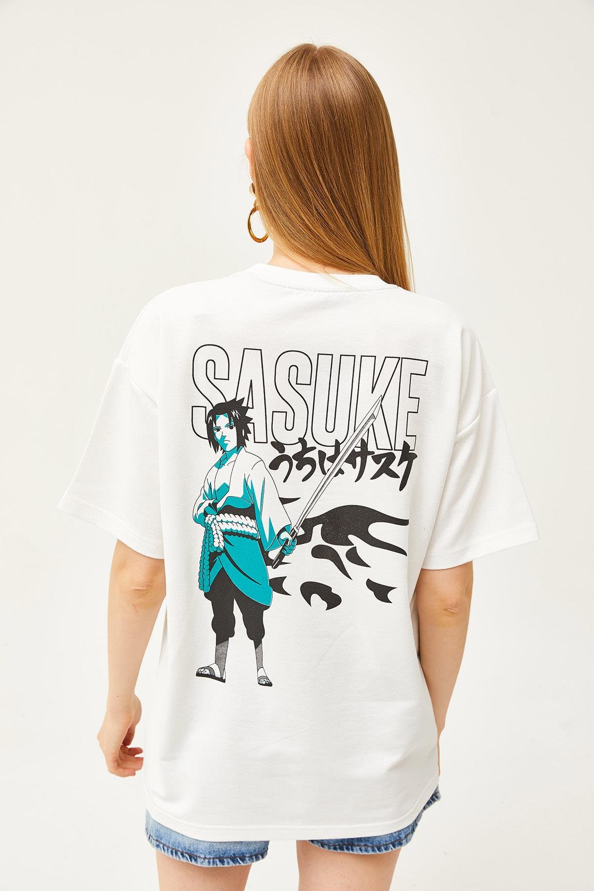 Ön Arka Baskılı 2 iplik Unisex Oversize Tişört Japon Ekru