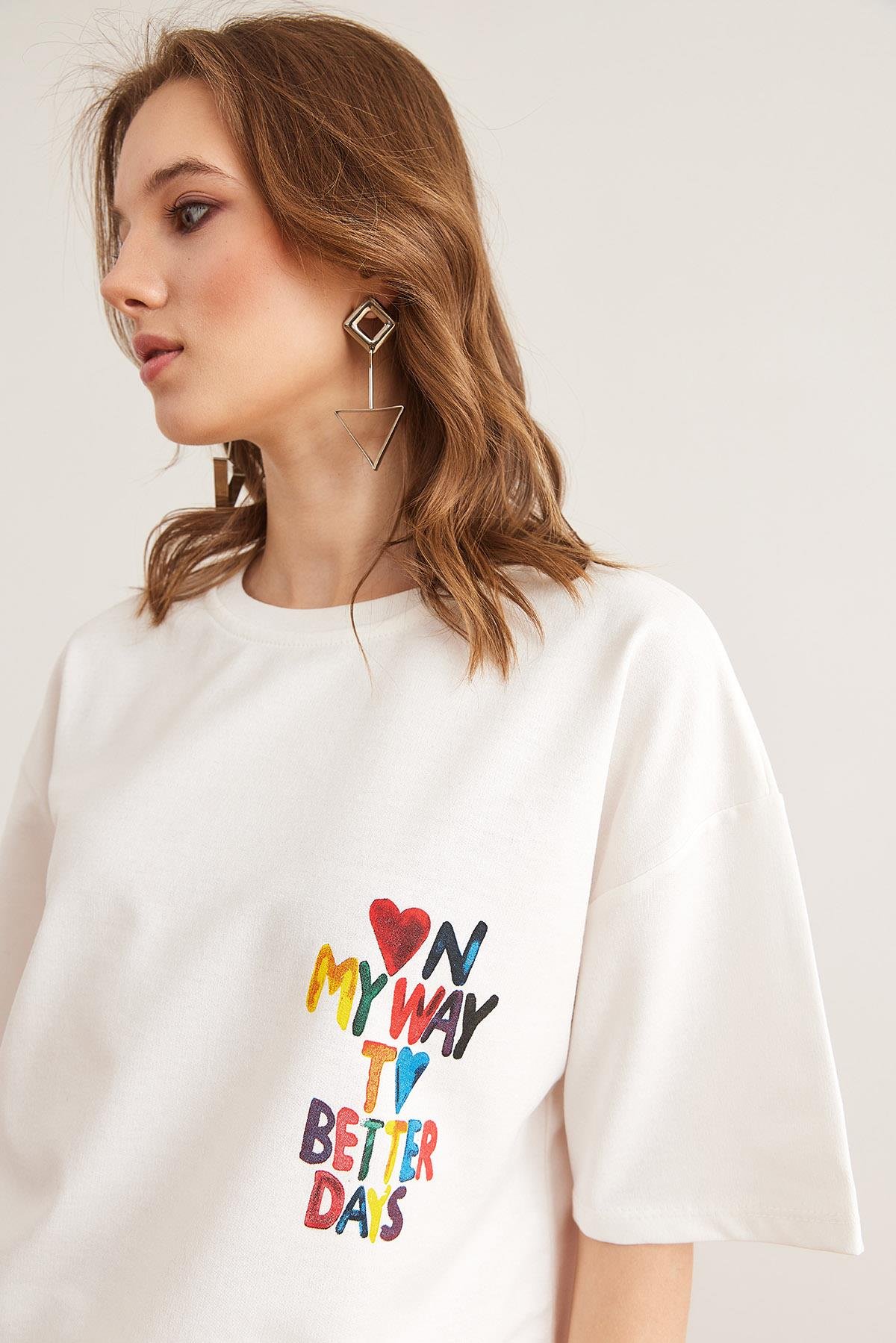 Ön Arka Baskılı 2 iplik Unisex Oversize Tişört Beyaz Kalp