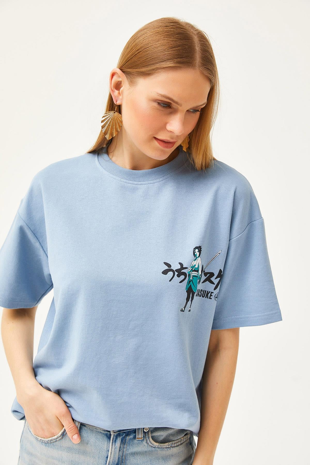 Ön Arka Baskılı 2 iplik Unisex Oversize Tişört Japon Mavi