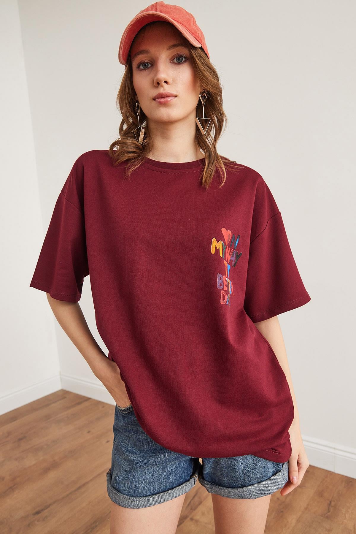 Ön Arka Baskılı 2 iplik Unisex Oversize Tişört Bordo Kalp