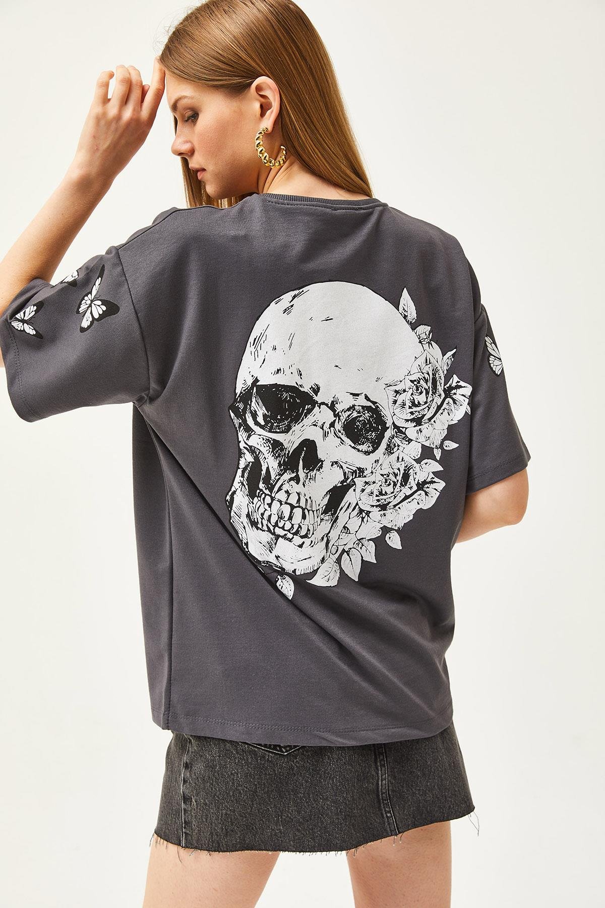 Ön Arka Baskılı 2 iplik Unisex Oversize Tişört Kelebek Füme