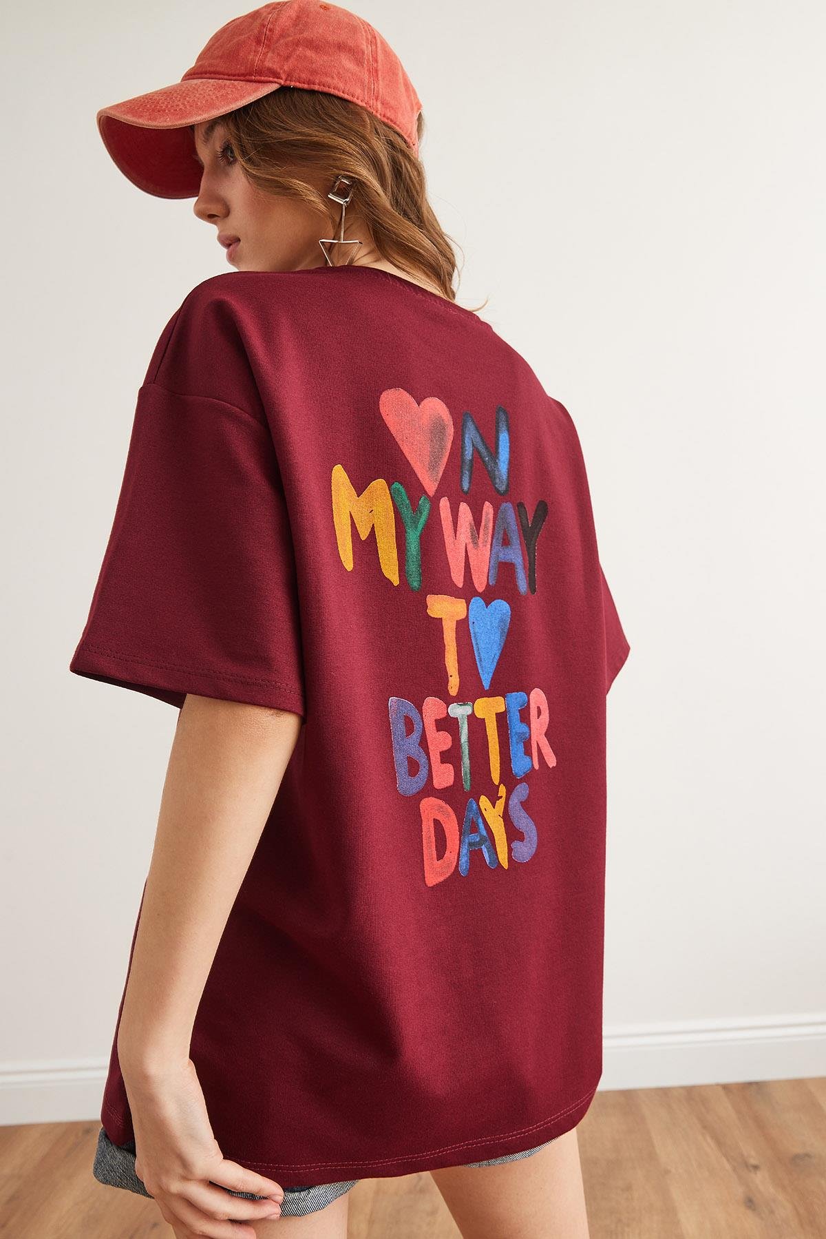 Ön Arka Baskılı 2 iplik Unisex Oversize Tişört Bordo Kalp