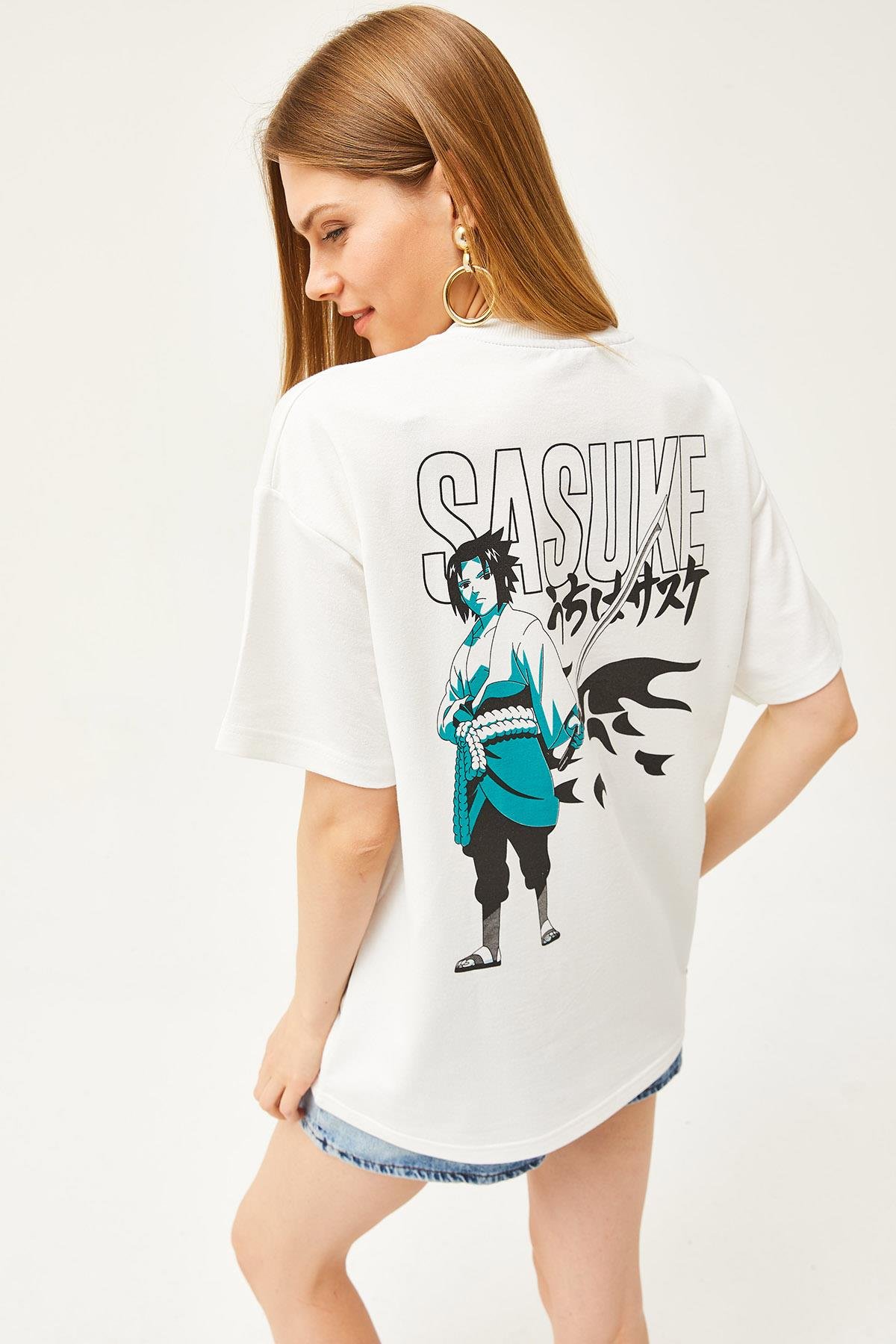 Ön Arka Baskılı 2 iplik Unisex Oversize Tişört Japon Ekru