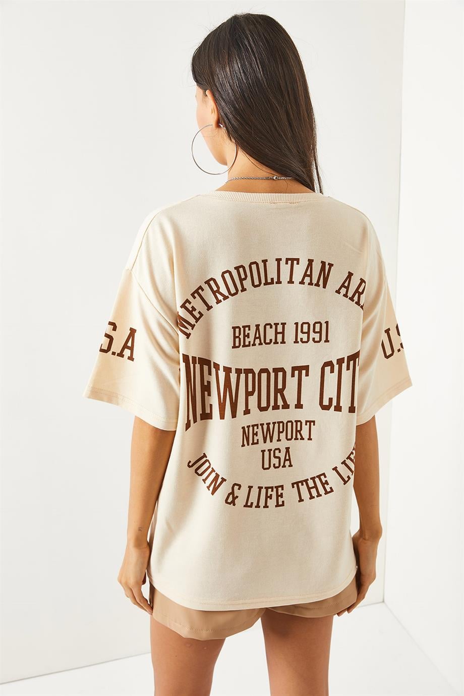 Ön Arka Baskılı 2 iplik Unisex Oversize Tişört Newport Bej