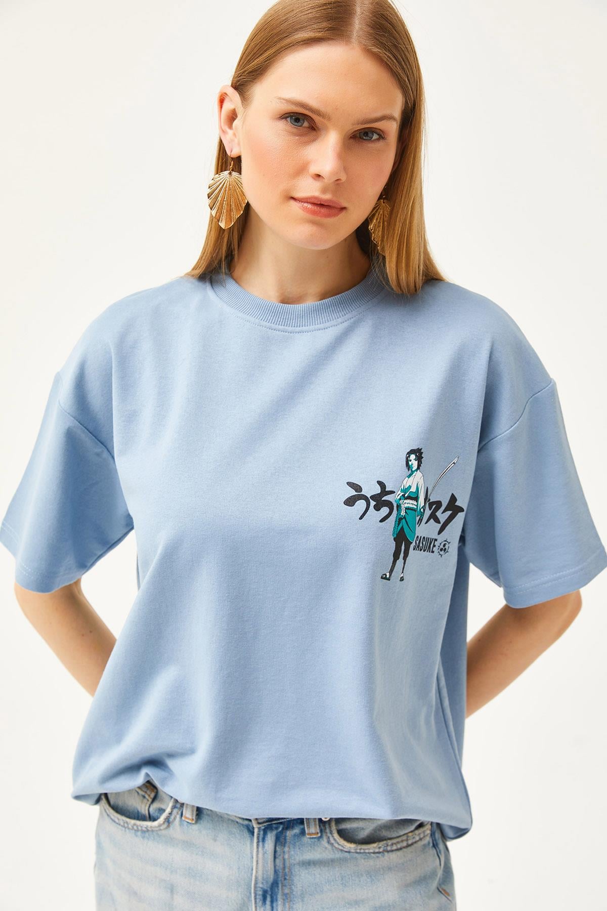 Ön Arka Baskılı 2 iplik Unisex Oversize Tişört Japon Mavi