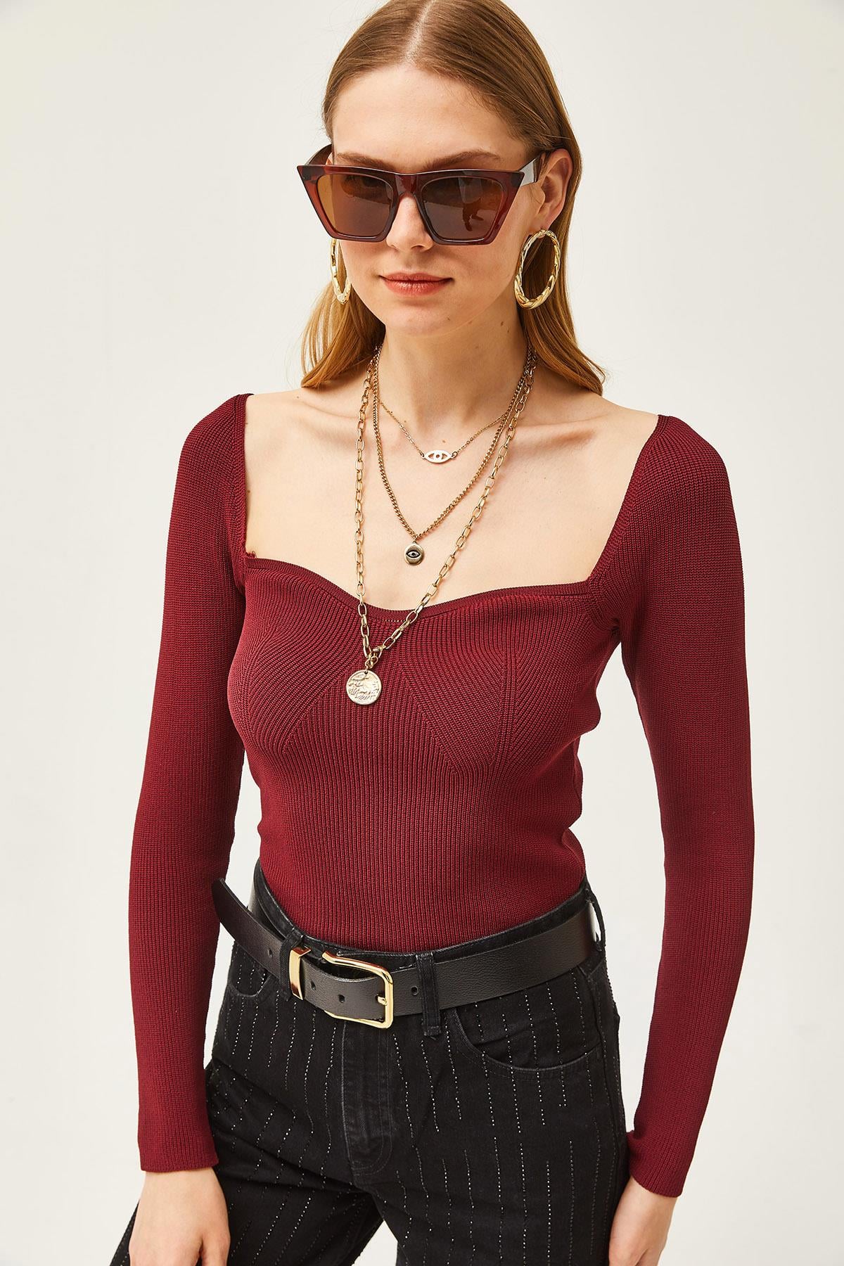 Öpücük Yaka Crop Triko Bluz Bordo
