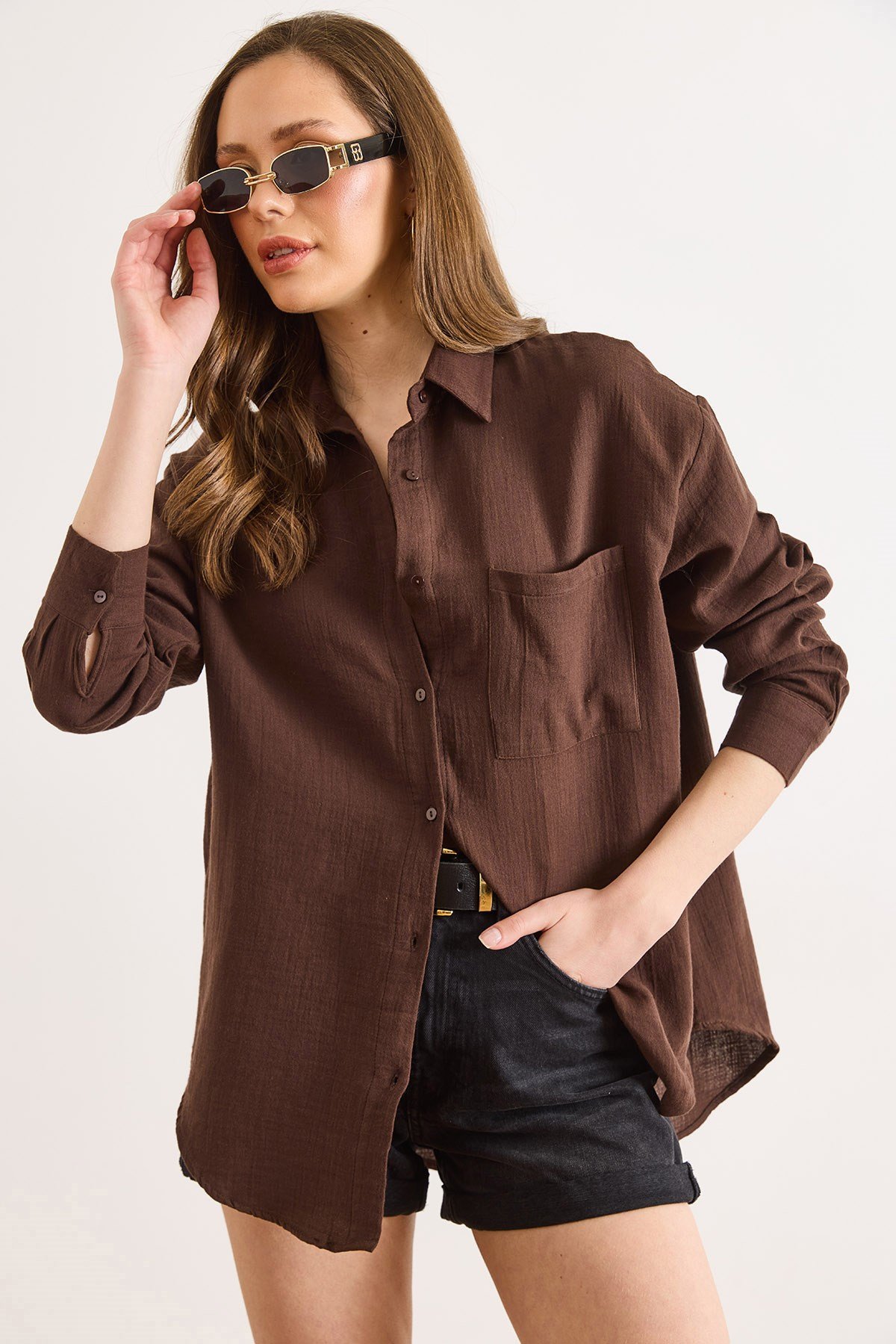 Oversize Basic Müslin Gömlek Acı Kahve