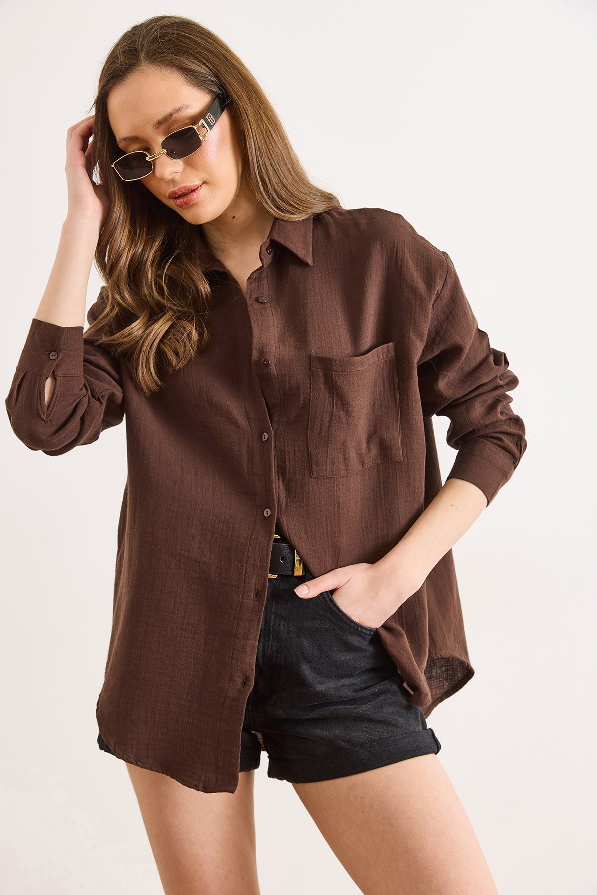 Oversize Basic Müslin Gömlek Acı Kahve
