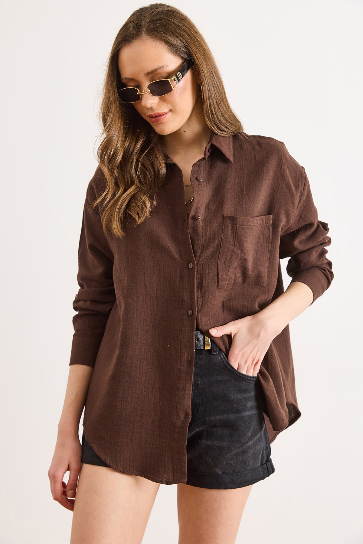 Oversize Basic Müslin Gömlek Acı Kahve
