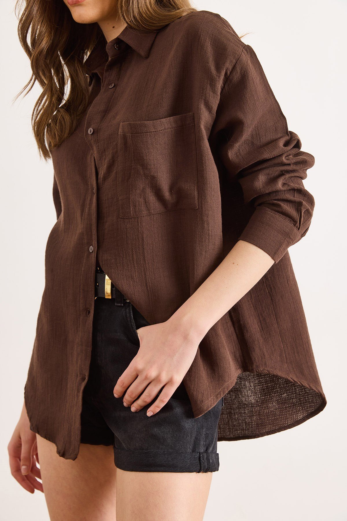 Oversize Basic Müslin Gömlek Acı Kahve