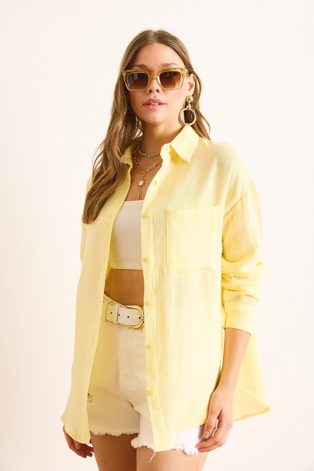 Oversize Basic Müslin Gömlek Açık Sarı