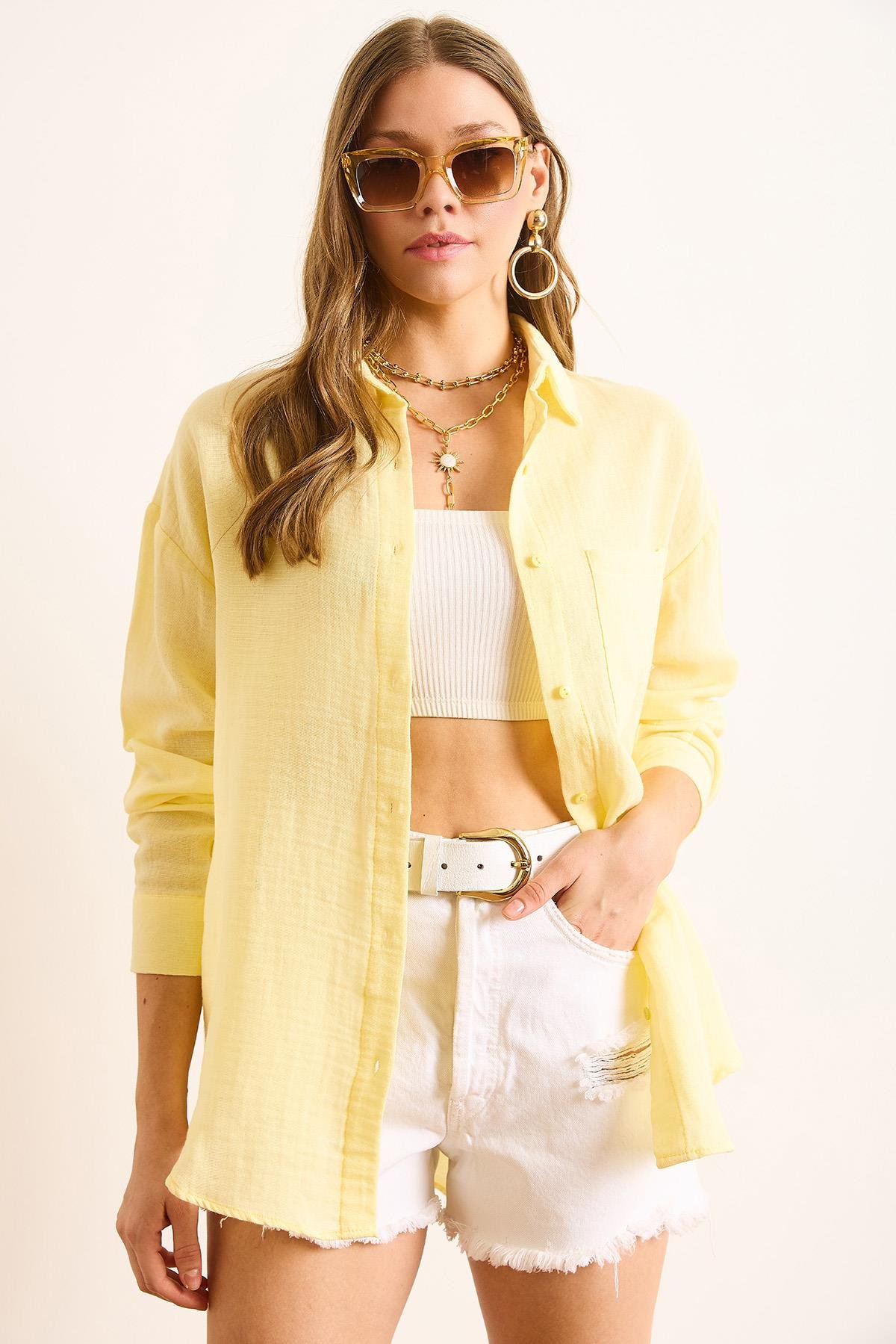 Oversize Basic Müslin Gömlek Açık Sarı