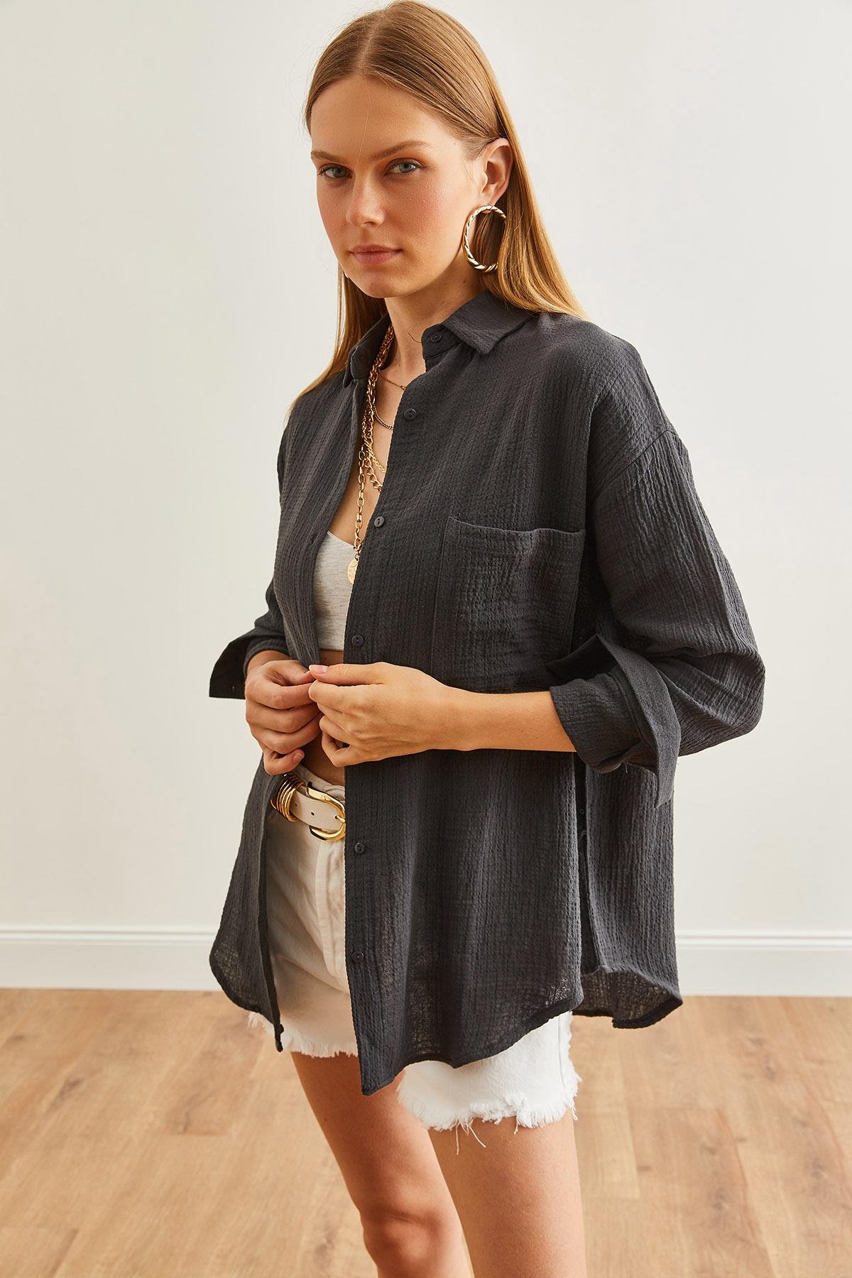 Oversize Basic Müslin Gömlek Antrasit