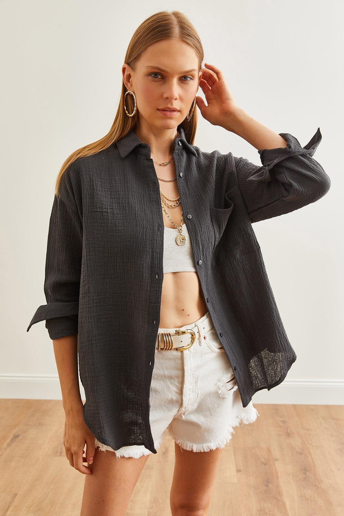 Oversize Basic Müslin Gömlek Antrasit