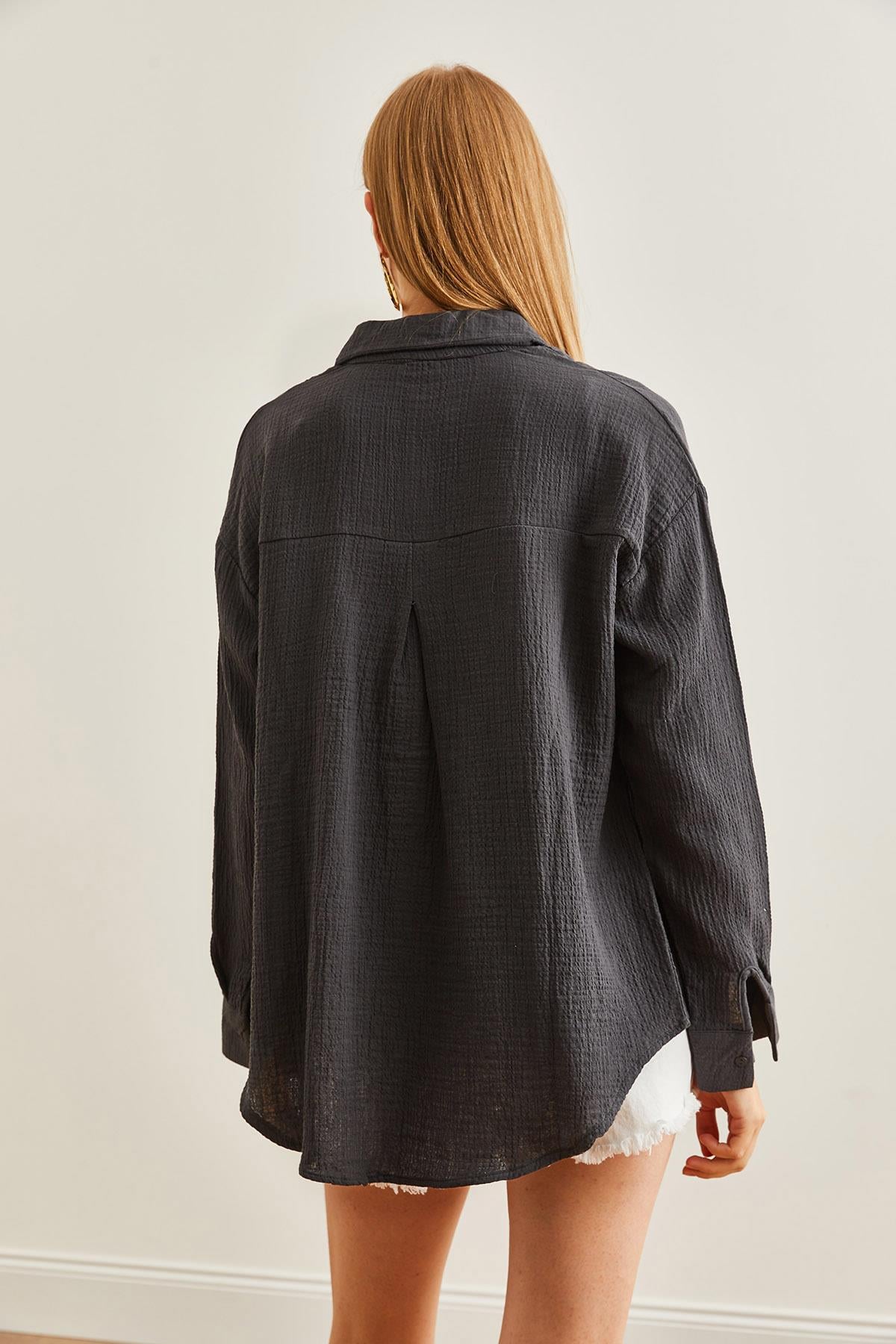 Oversize Basic Müslin Gömlek Antrasit