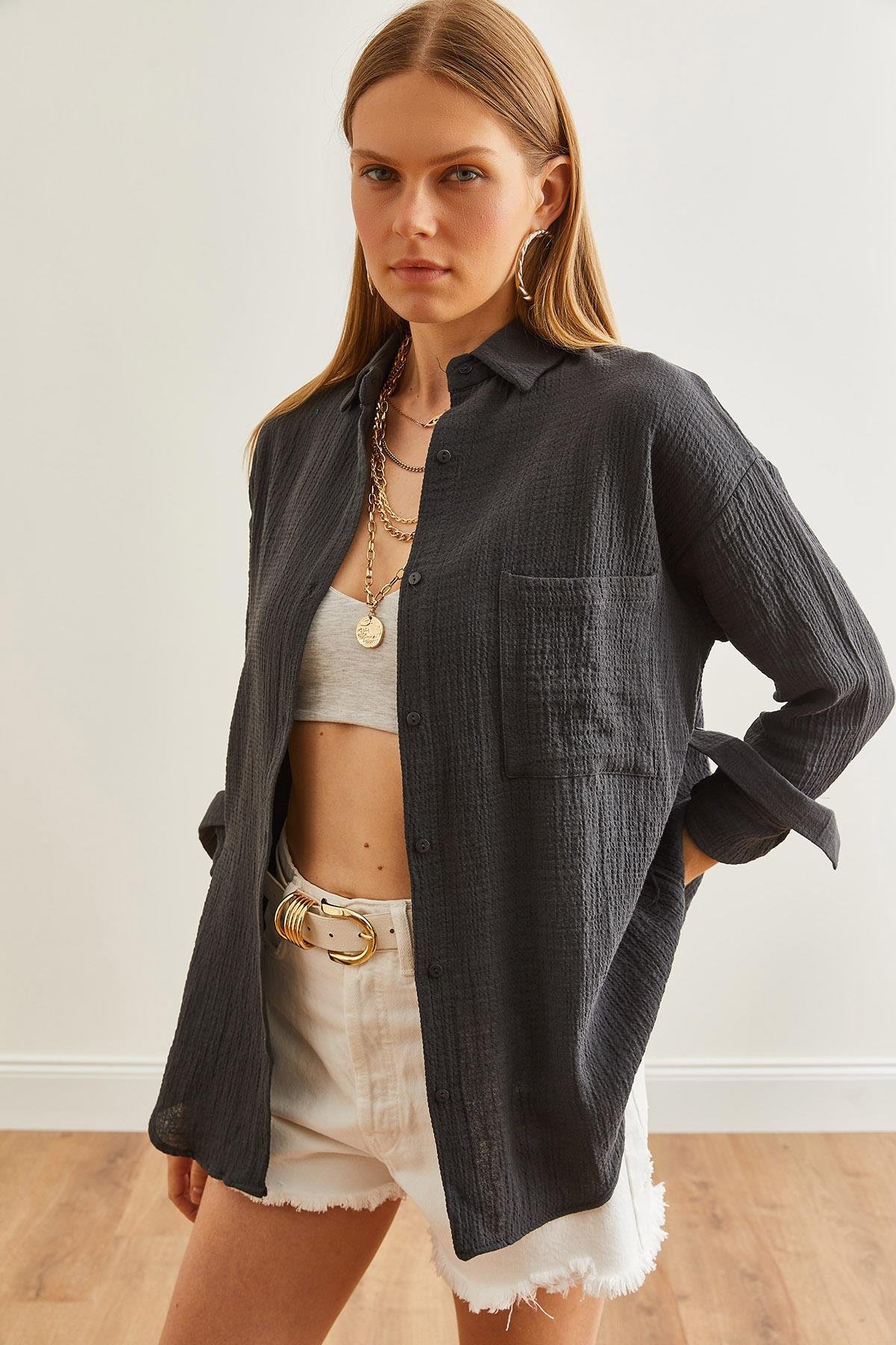 Oversize Basic Müslin Gömlek Antrasit