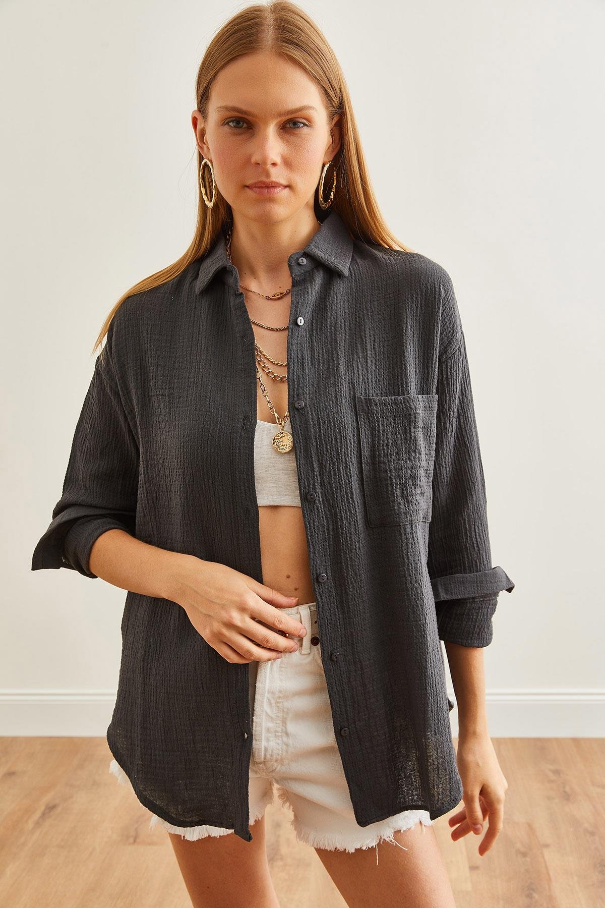 Oversize Basic Müslin Gömlek Antrasit