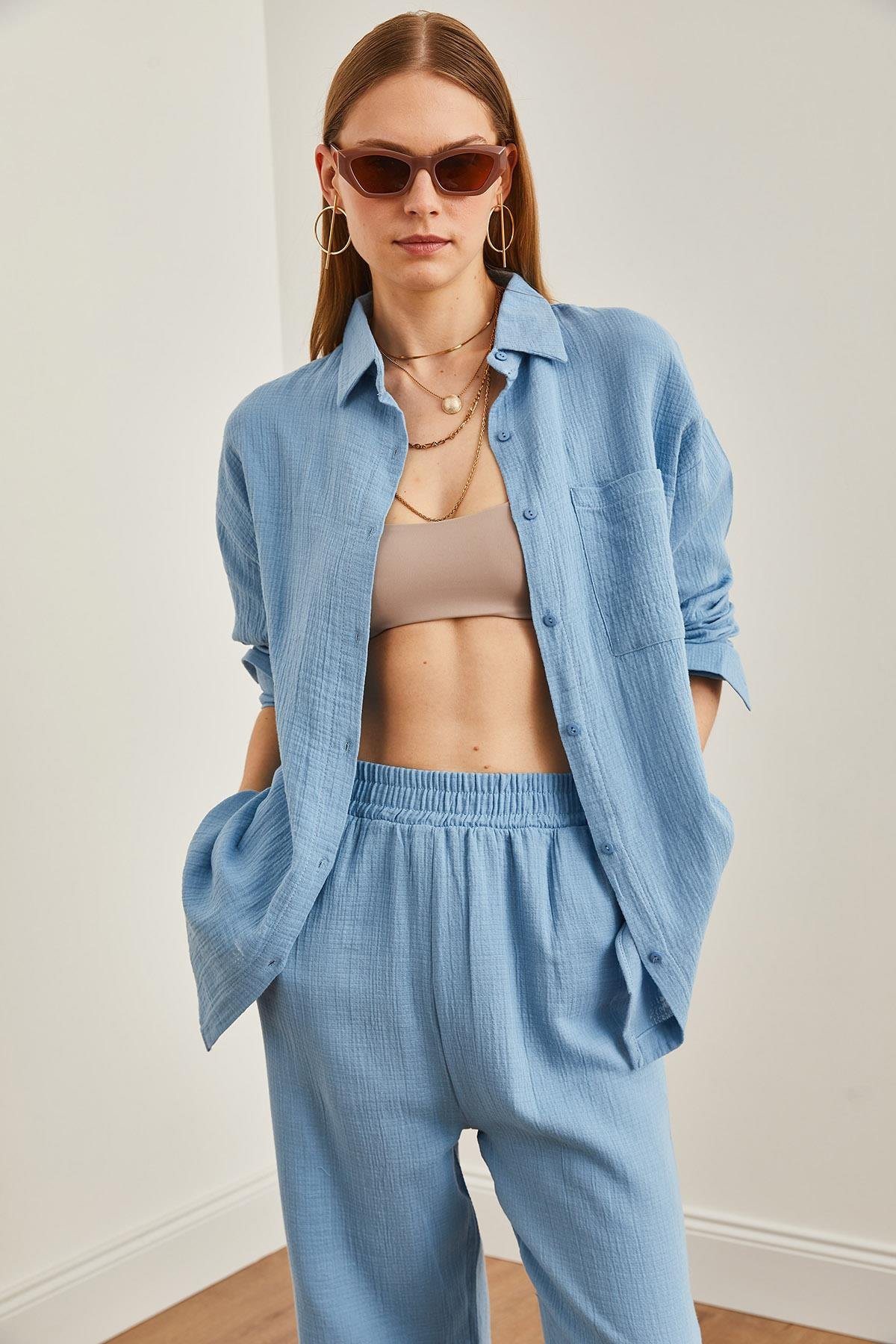 Oversize Basic Müslin Gömlek Bebe Mavi