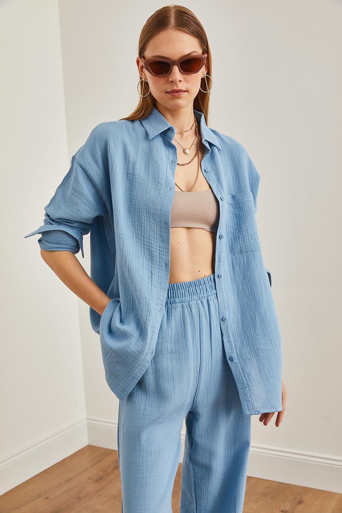 Oversize Basic Müslin Gömlek Bebe Mavi