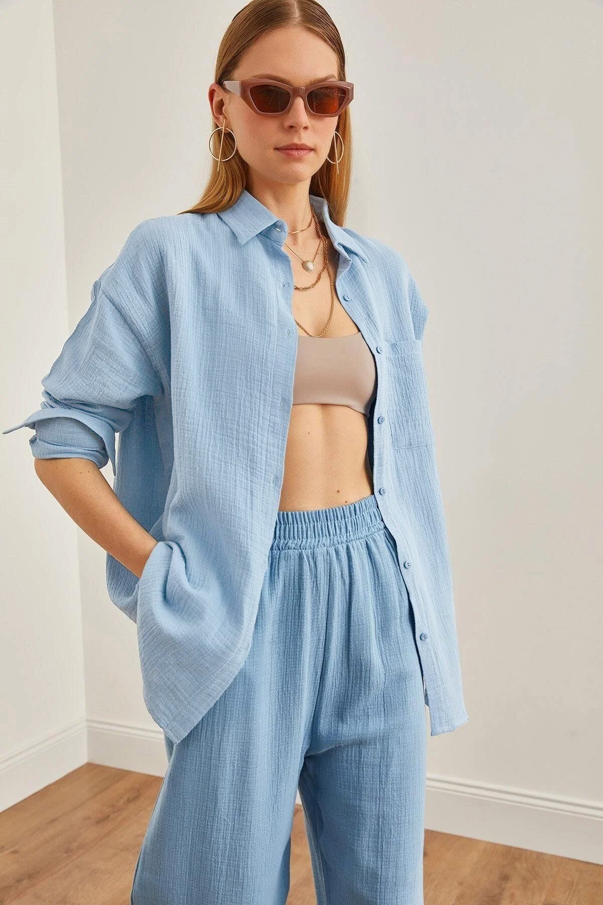 Oversize Basic Müslin Gömlek Bebe Mavi