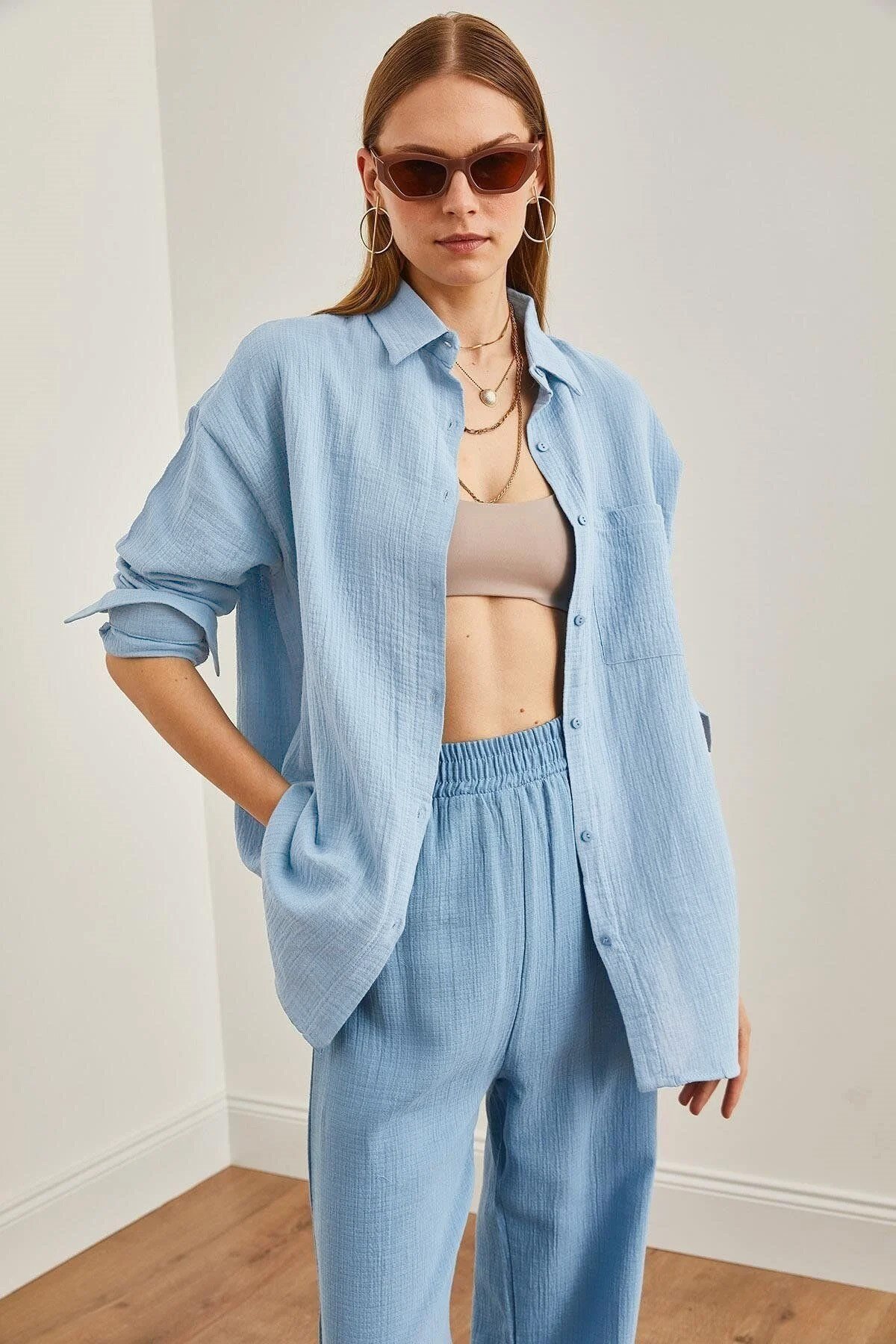 Oversize Basic Müslin Gömlek Bebe Mavi