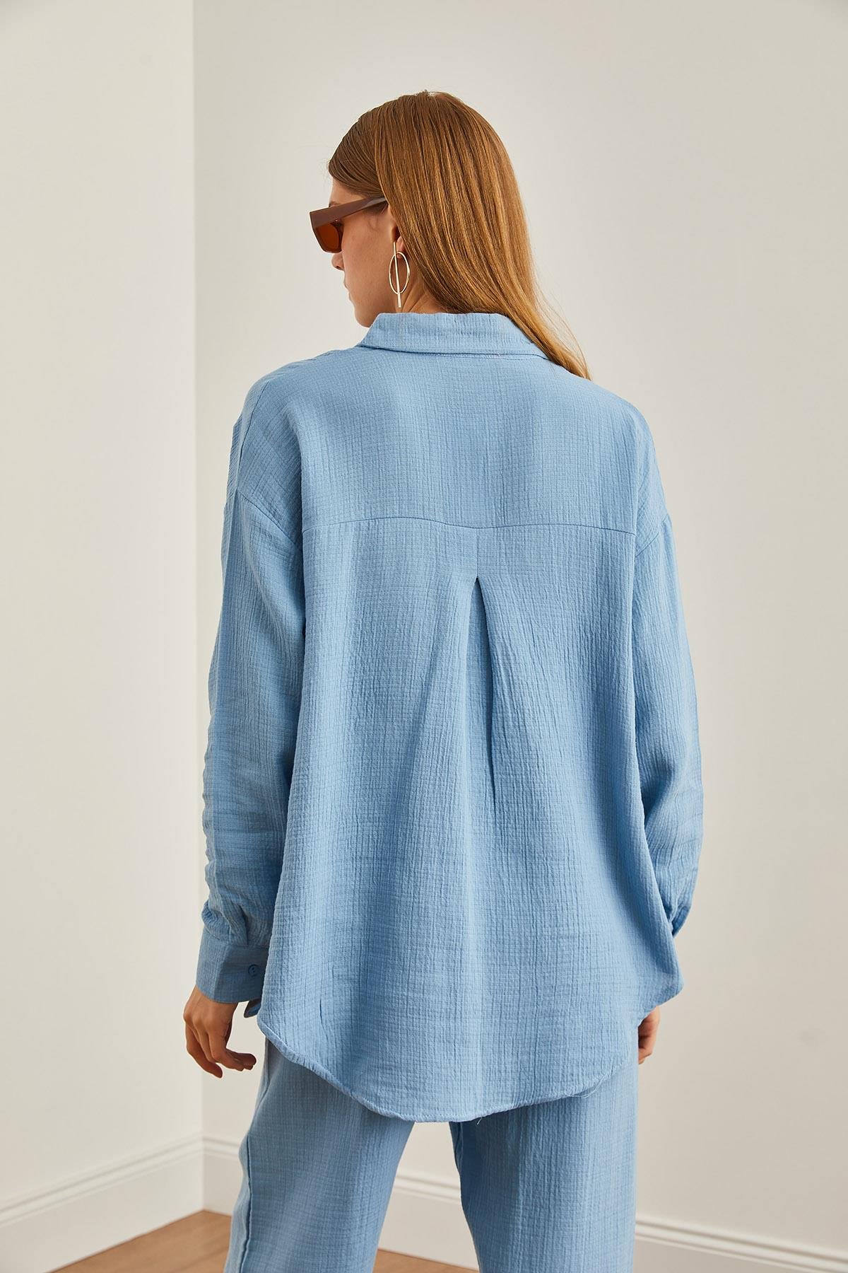 Oversize Basic Müslin Gömlek Bebe Mavi
