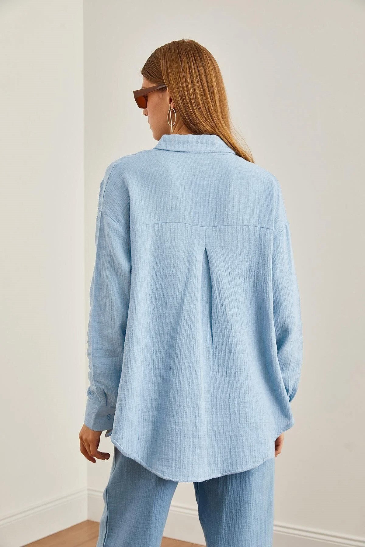 Oversize Basic Müslin Gömlek Bebe Mavi