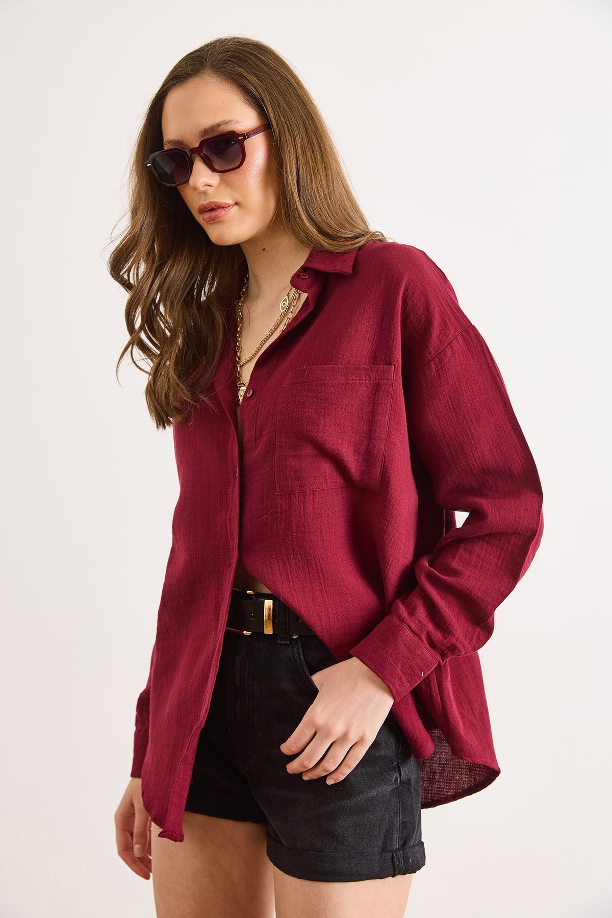 Oversize Basic Müslin Gömlek Bordo
