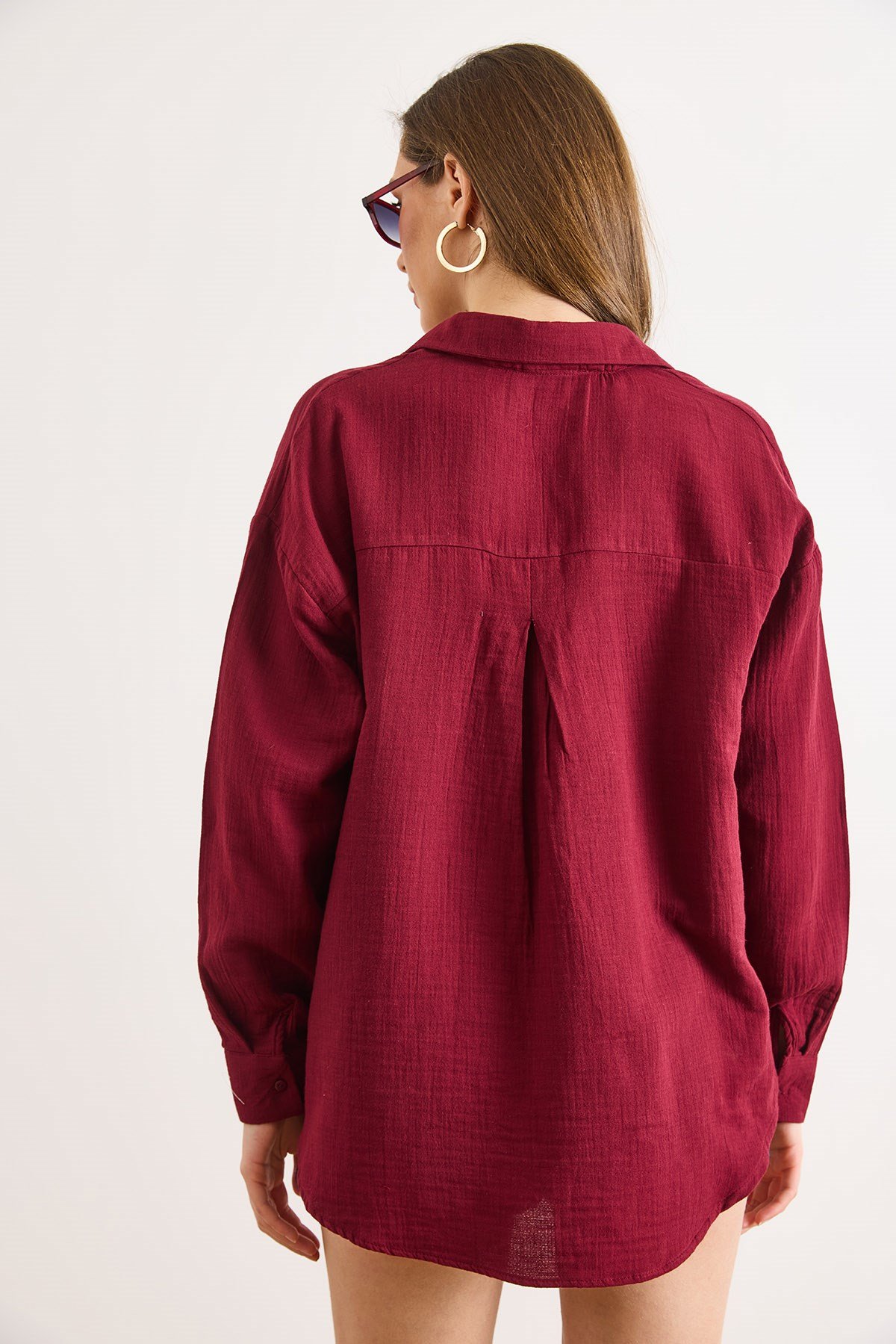 Oversize Basic Müslin Gömlek Bordo