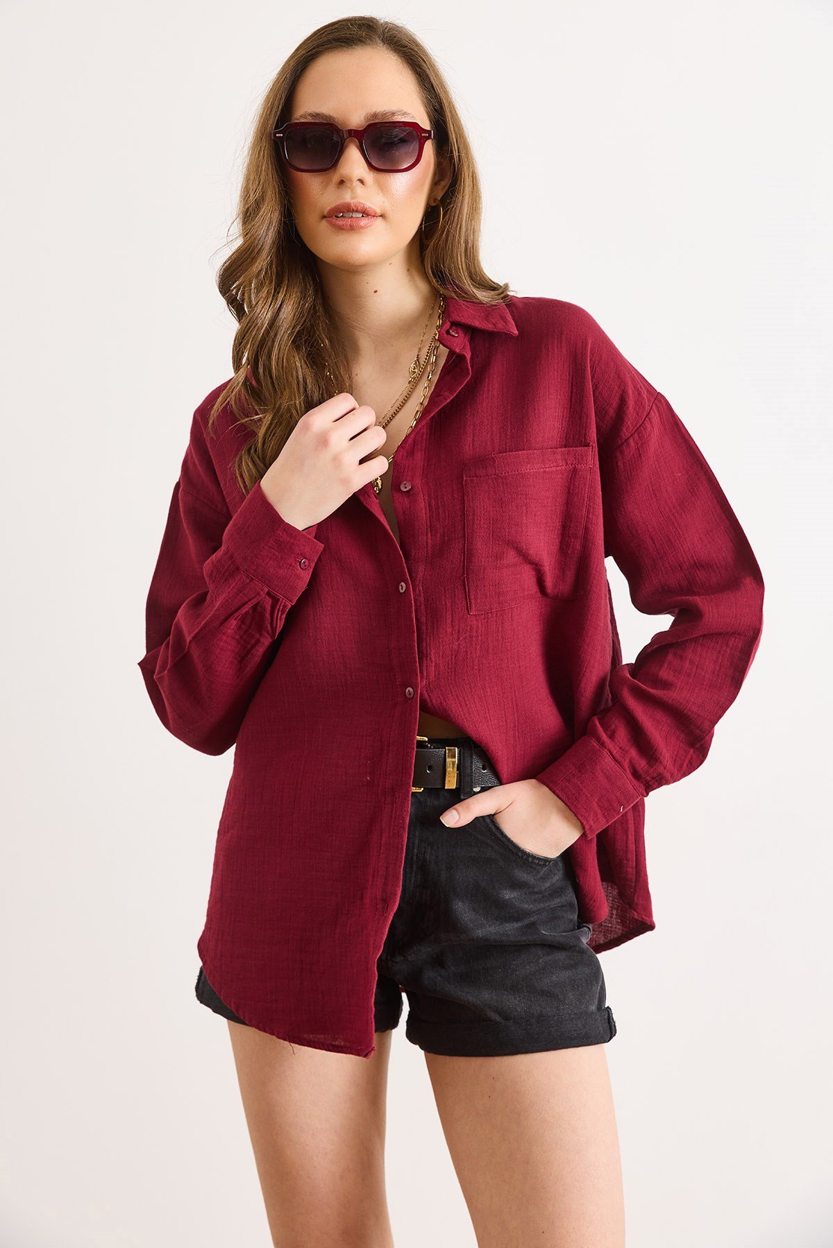 Oversize Basic Müslin Gömlek Bordo
