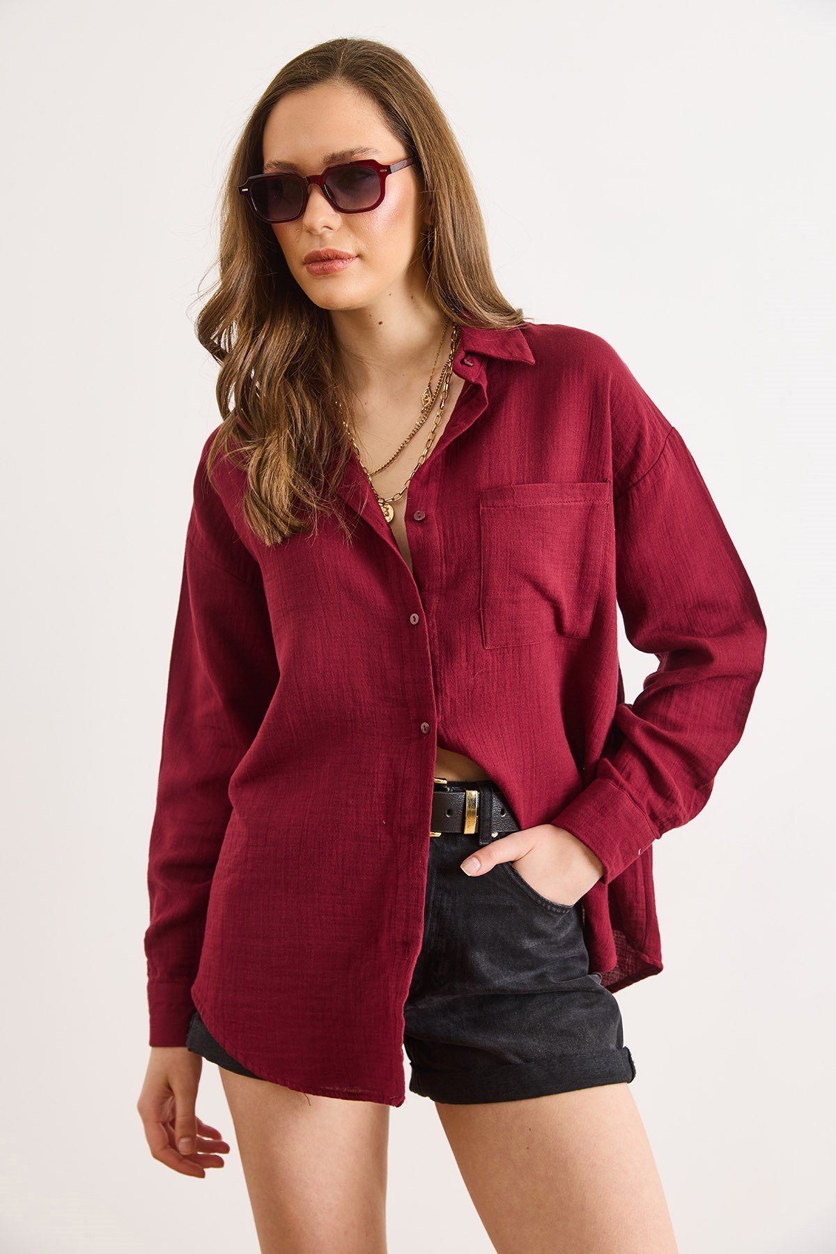 Oversize Basic Müslin Gömlek Bordo