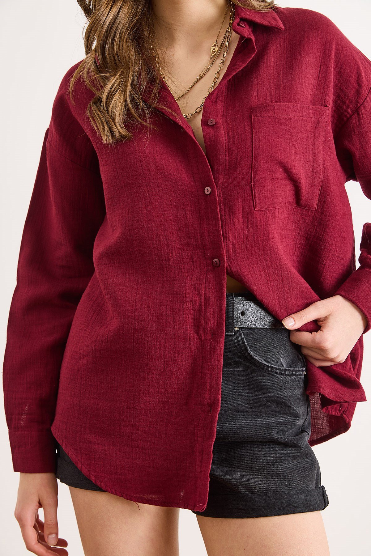 Oversize Basic Müslin Gömlek Bordo