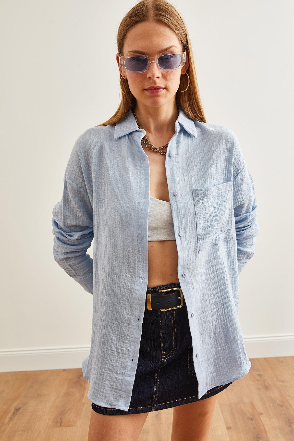 Oversize Basic Müslin Gömlek Buz Mavisi