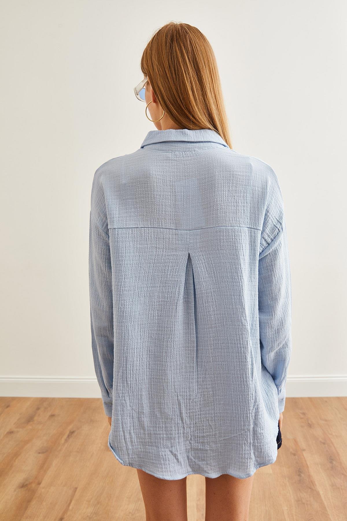 Oversize Basic Müslin Gömlek Buz Mavisi