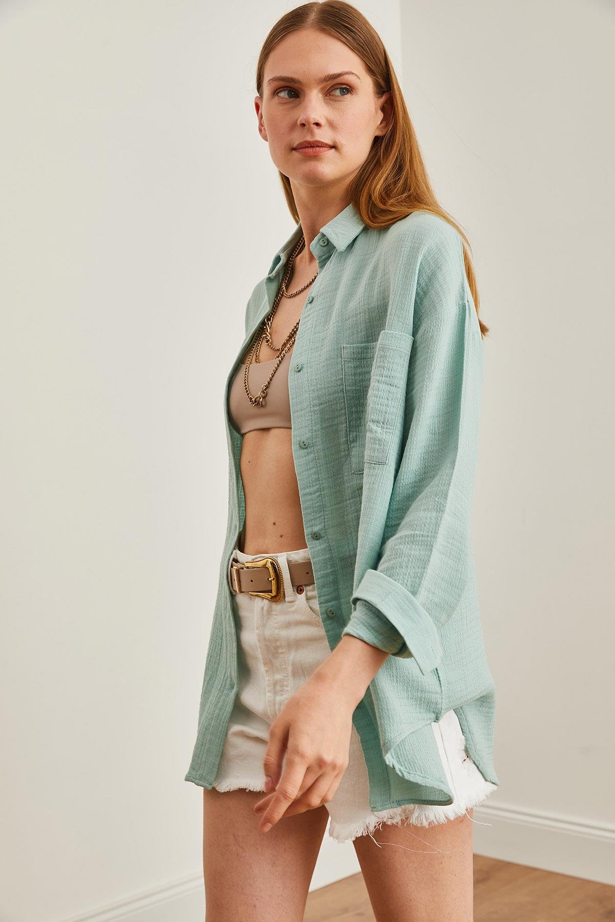 Oversize Basic Müslin Gömlek Çağla Yeşili
