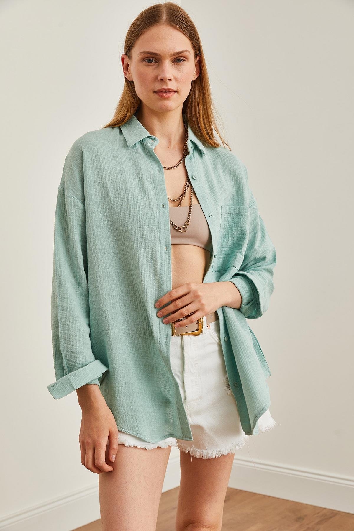 Oversize Basic Müslin Gömlek Çağla Yeşili