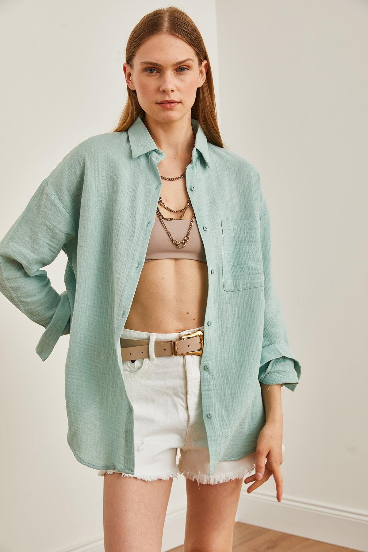 Oversize Basic Müslin Gömlek Çağla Yeşili