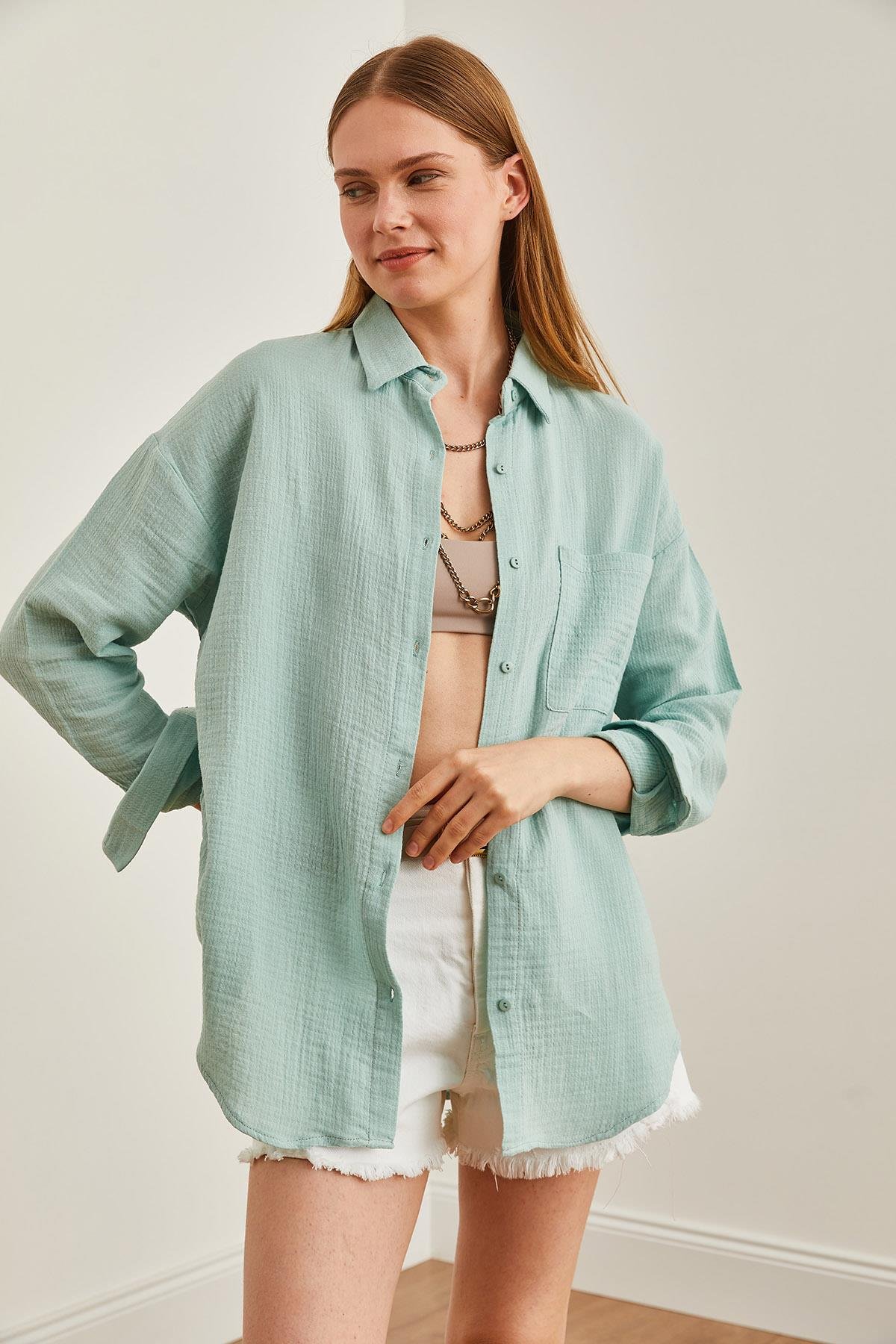 Oversize Basic Müslin Gömlek Çağla Yeşili