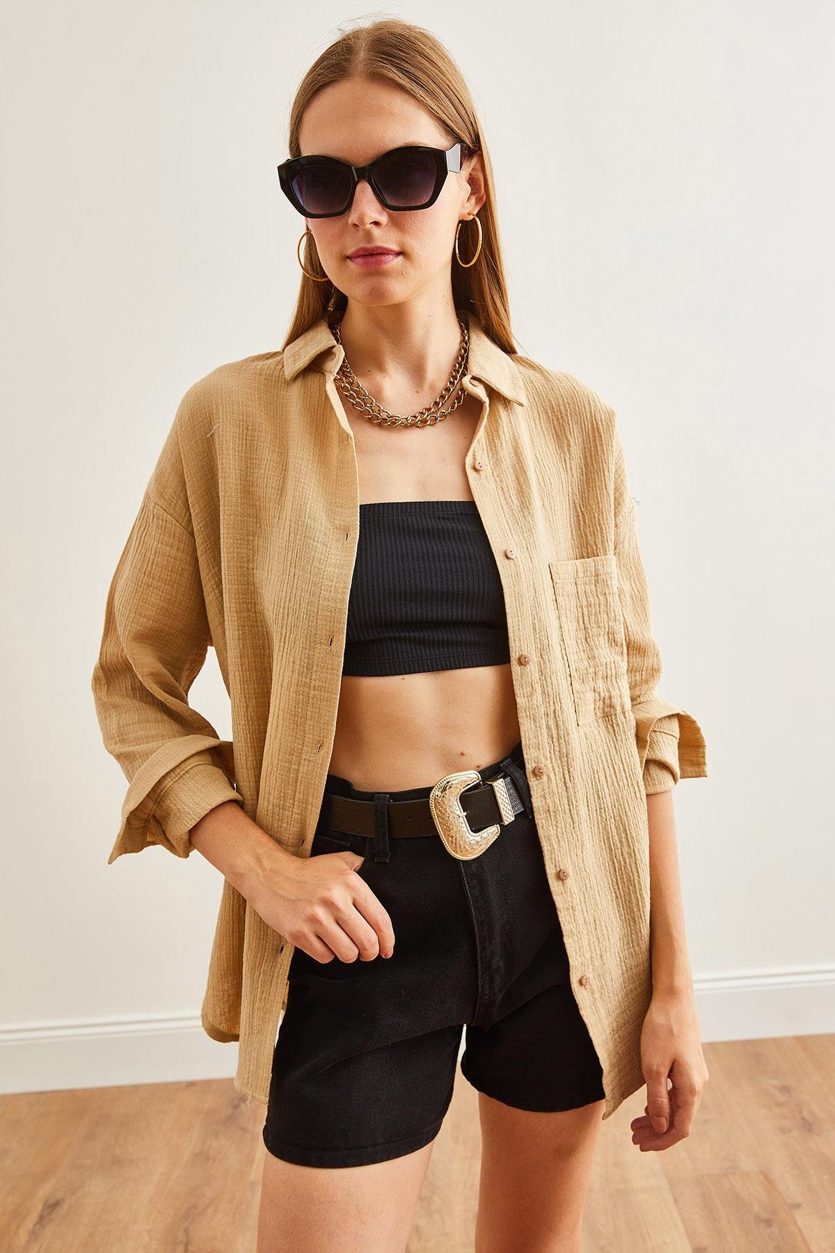 Oversize Basic Müslin Gömlek Camel
