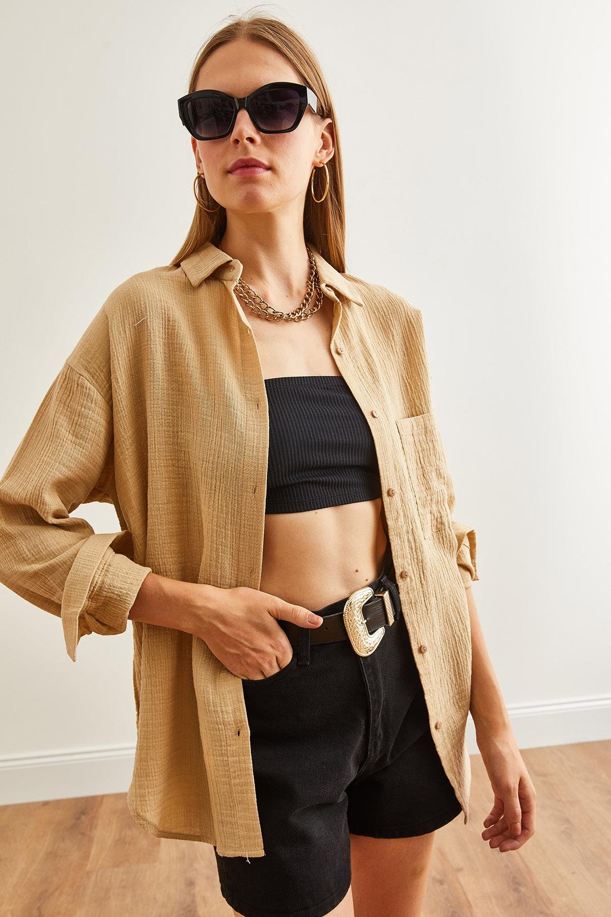 Oversize Basic Müslin Gömlek Camel