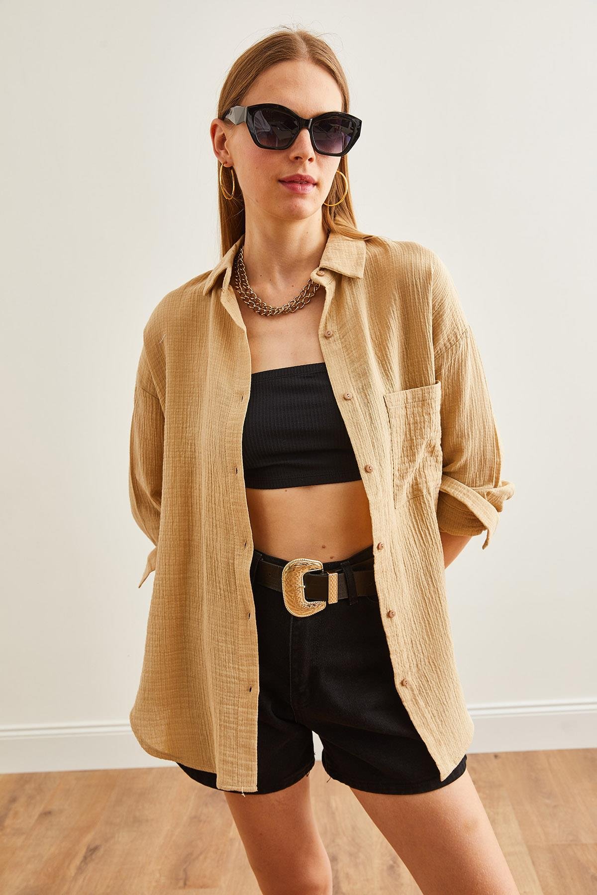 Oversize Basic Müslin Gömlek Camel