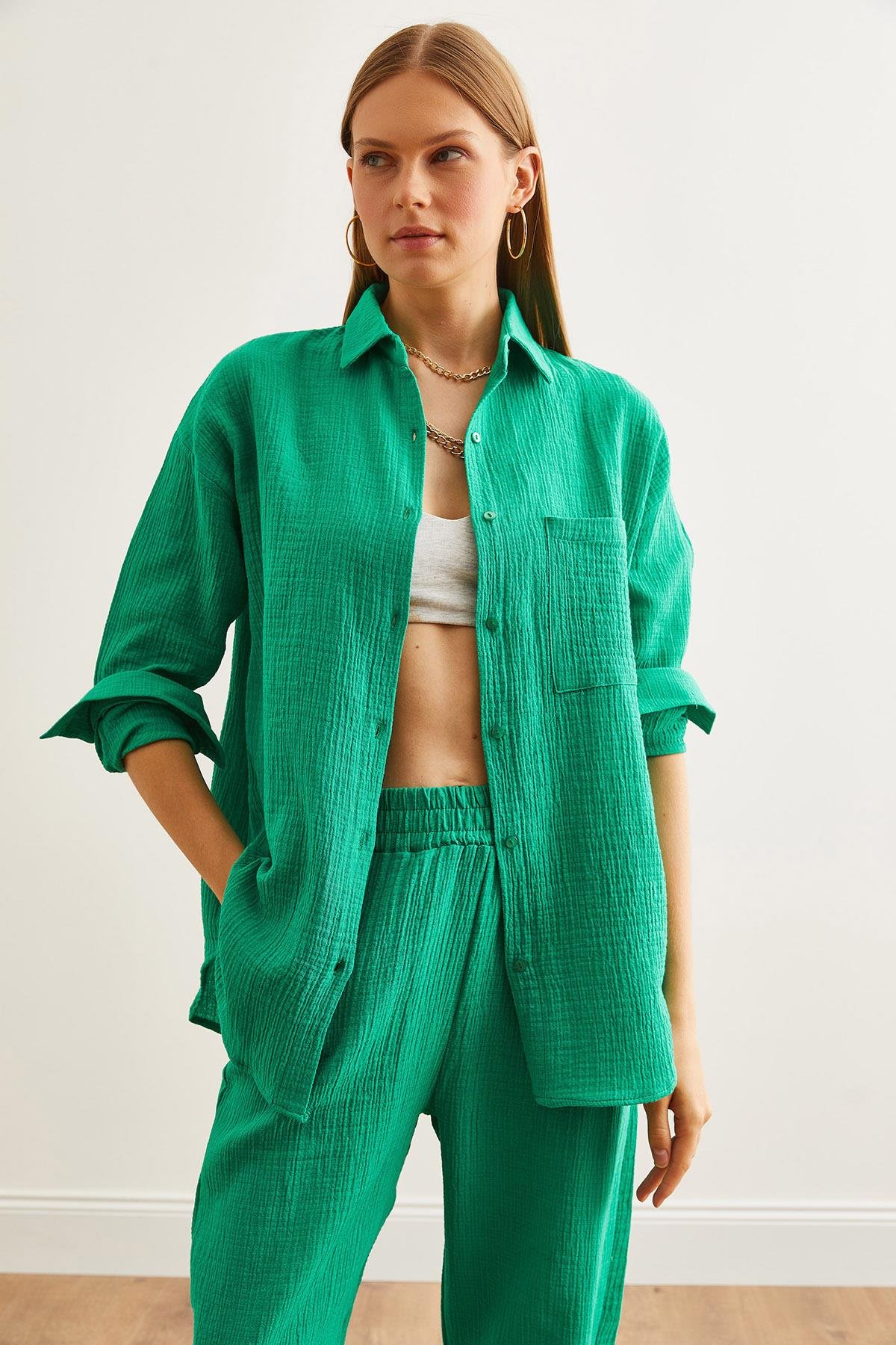 Oversize Basic Müslin Gömlek Çimen Yeşili