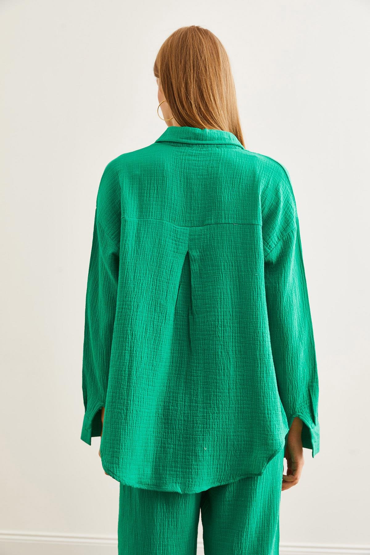 Oversize Basic Müslin Gömlek Çimen Yeşili