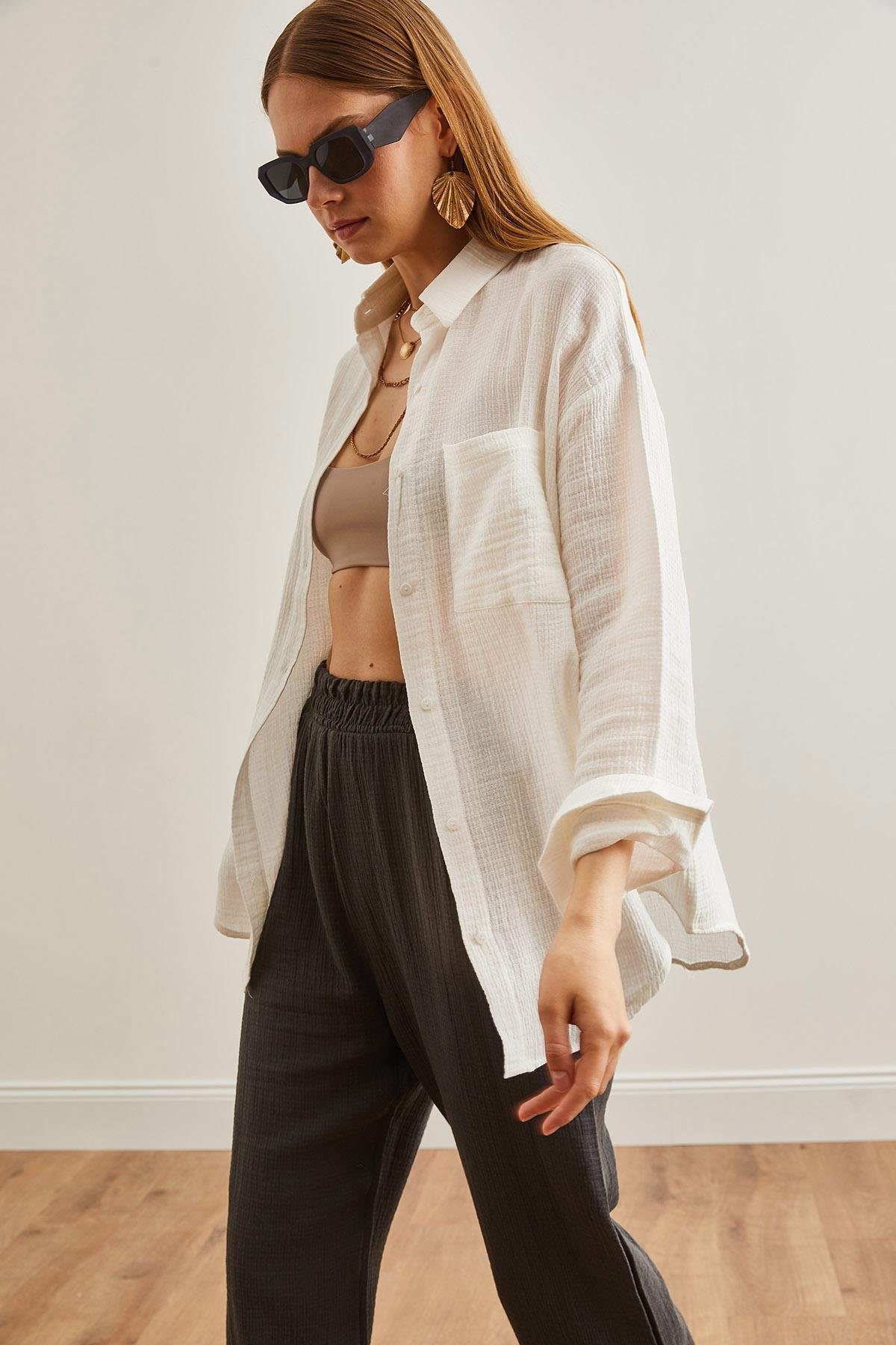 Oversize Basic Müslin Gömlek Ekru