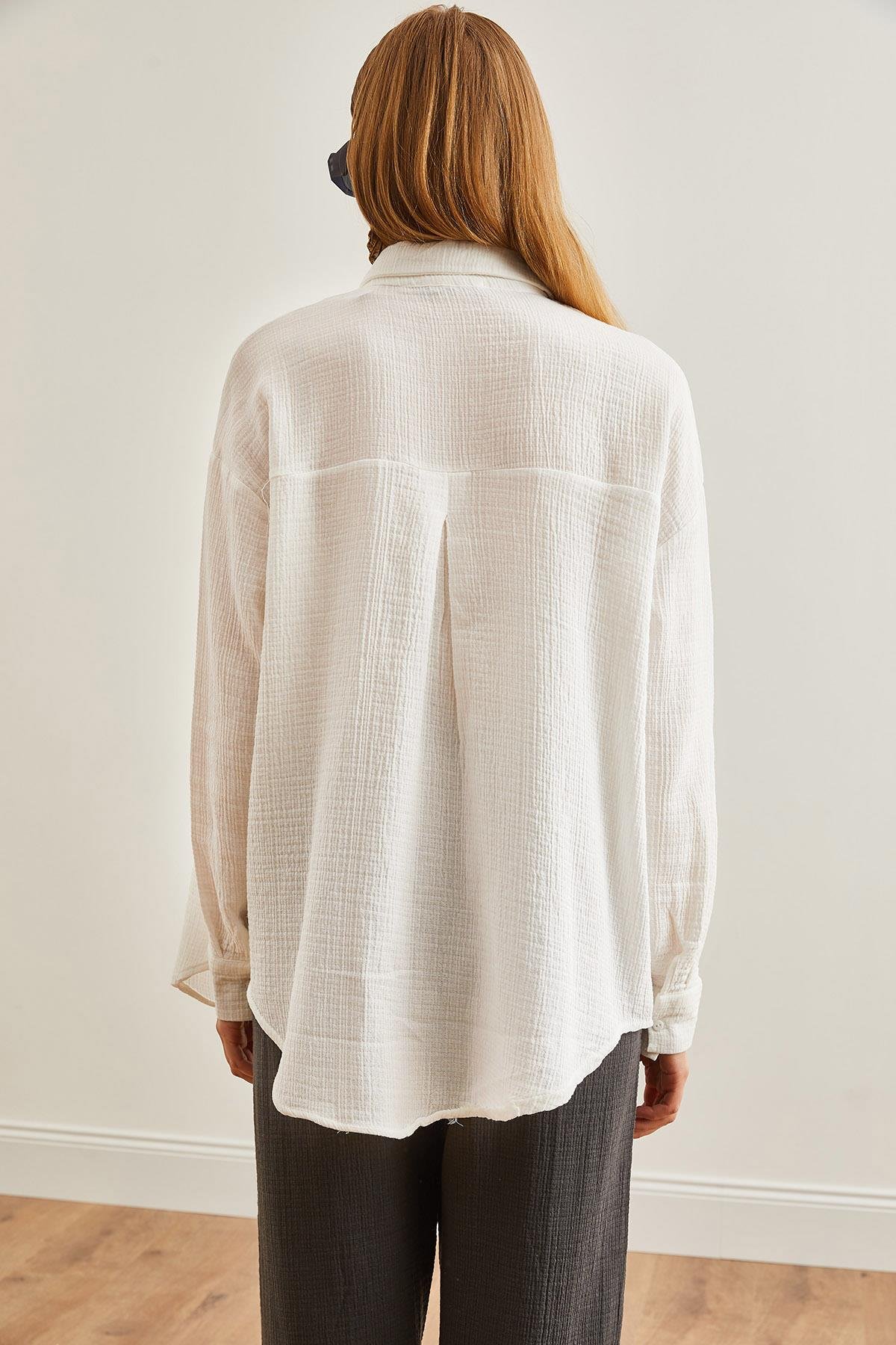 Oversize Basic Müslin Gömlek Ekru
