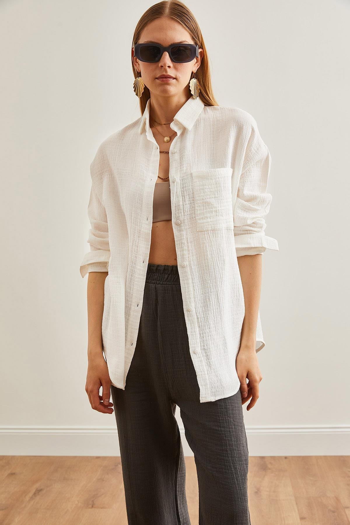 Oversize Basic Müslin Gömlek Ekru