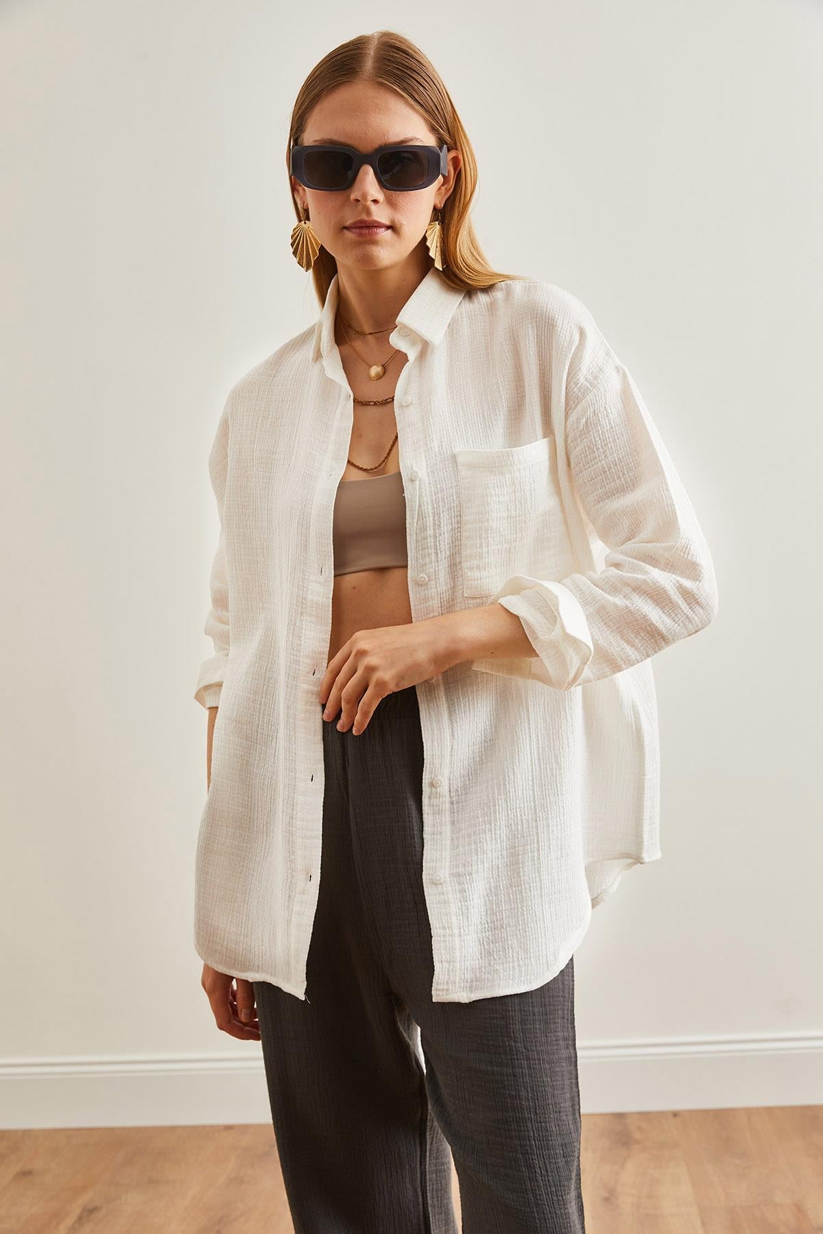 Oversize Basic Müslin Gömlek Ekru