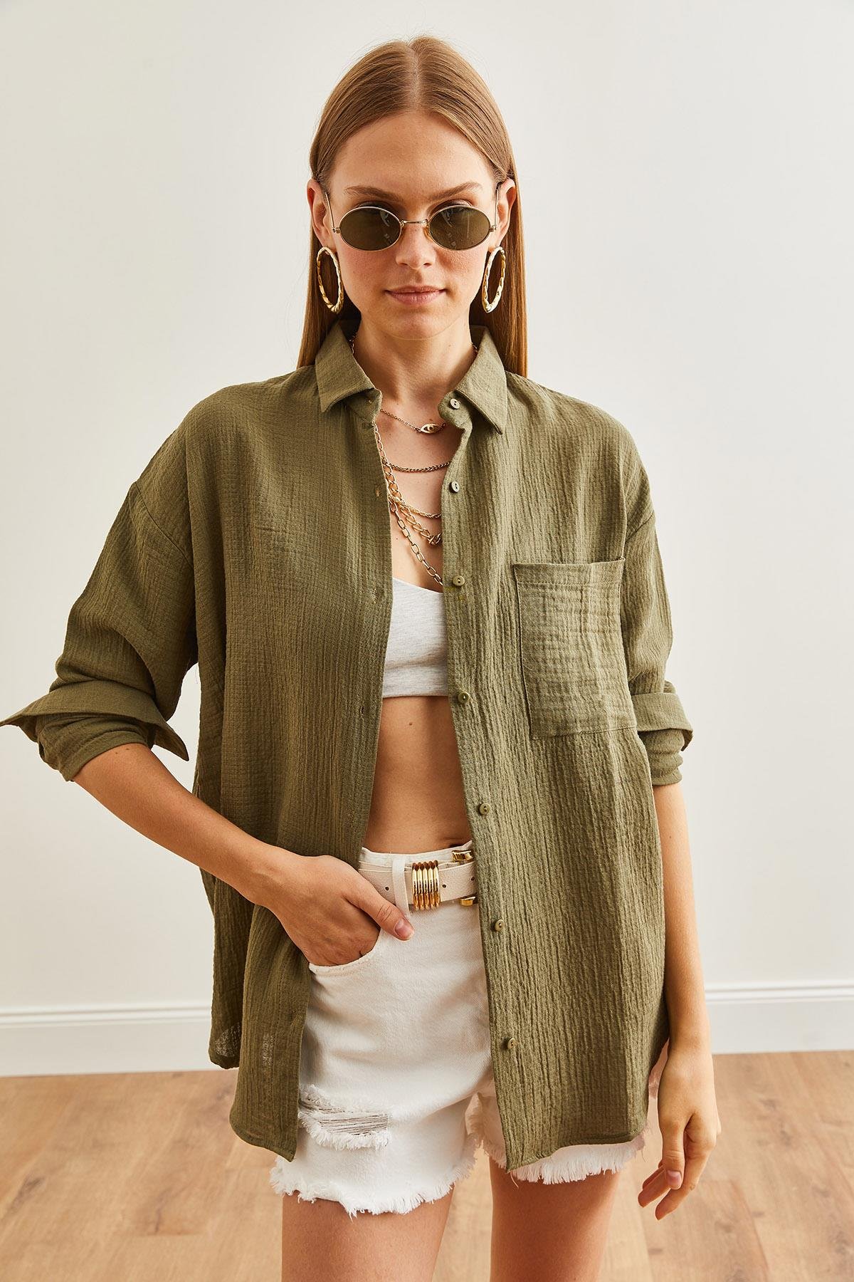 Oversize Basic Müslin Gömlek Haki