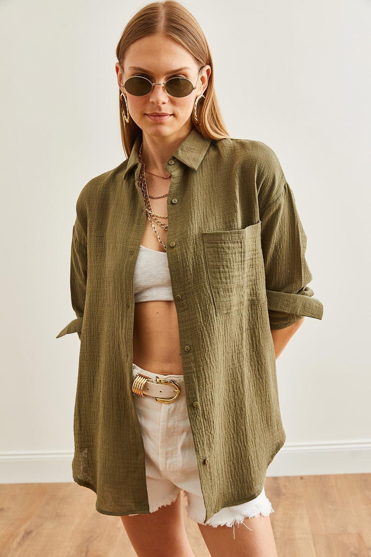 Oversize Basic Müslin Gömlek Haki
