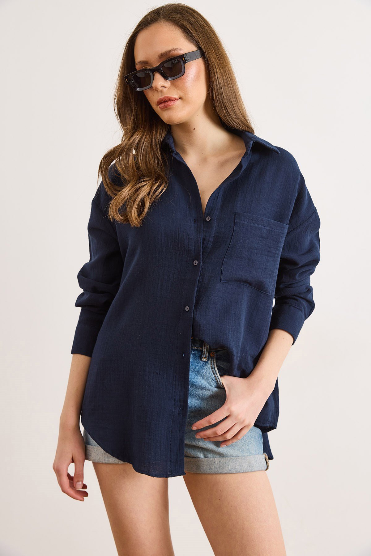 Oversize Basic Müslin Gömlek Lacivert